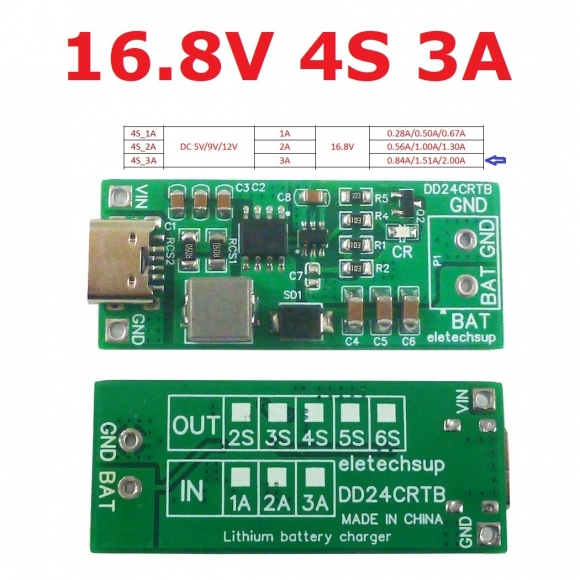 DD24CRTB 4S 3A Type-c Multi-cell 8.4V 12.6 16.8 21V 25.2V Step-up Boost Charger Module for 7.4V 11.1V 14.8V 18.5V 22.2V 18650 Battery Pack