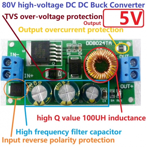 DD8024TA High-Voltage EBike DC-DC Converter Buck Step-Down Regulator Module 80V 72V 64V 60V 48V 36V 24V to 5V