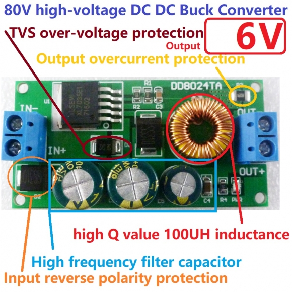 DD8024TA High-Voltage EBike DC-DC Converter Buck Step-Down Regulator Module 80V 72V 64V 60V 48V 36V 24V to 6V