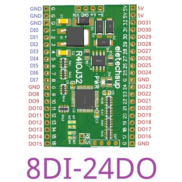 R4IOJ32 8DI 24DO Modbus Rtu Digital 5V 3.3V TTL IO RS485 2.54mm Pin Core Board