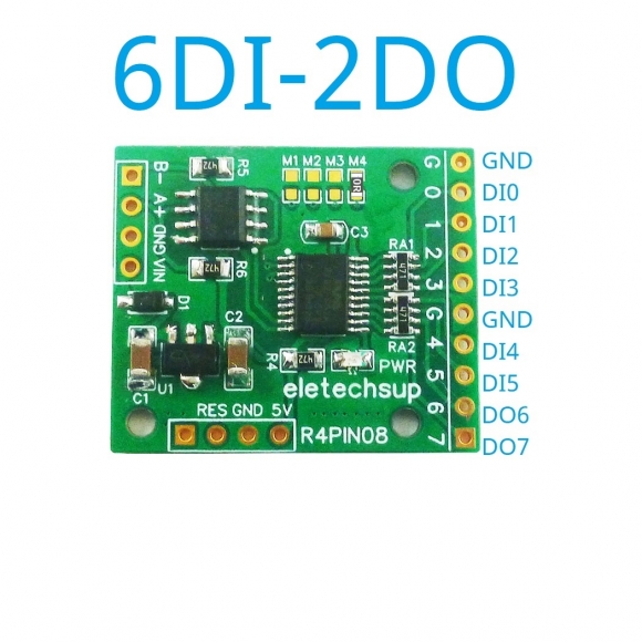 R4PIN08 6DI-2DO 8CH Multifunction RS485 Remote IO 2.54mm Pin Core Board Modbus Rtu Master-slave Digital Collection Module DC 5V 12V 24V